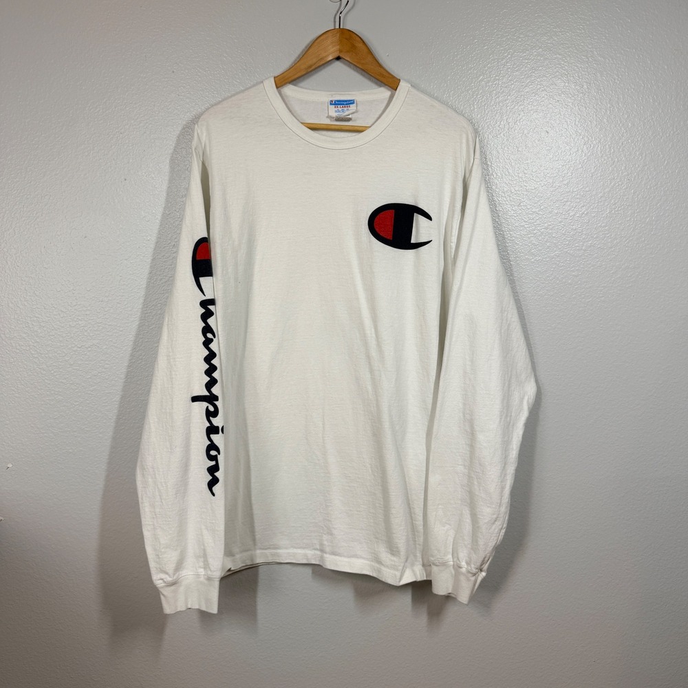 Champion T-Shirt Men 2XL White Big Logo Long Sleeve Cotton Athletic